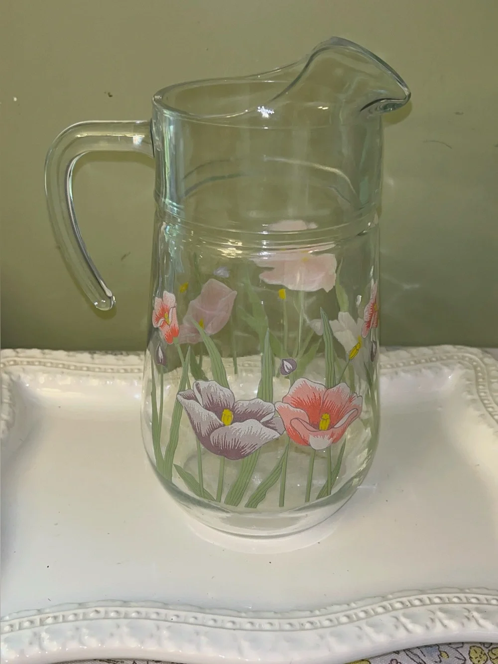 Pasabahce Circleware Poppy Floral glass pitcher-Vintage